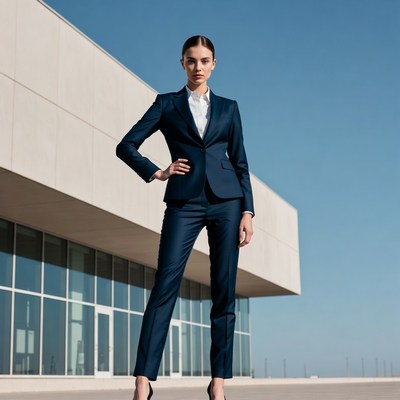 Woman in navy suit against modern building