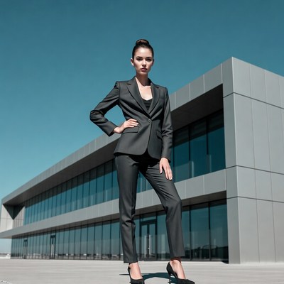 Woman in black suit outside modern building