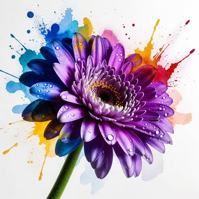 Purple Daisy with Watercolor Splashes
