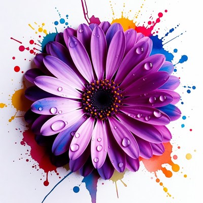 Purple Daisy with Water Droplets and Paint Splashes