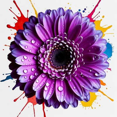Purple Daisy with Water Droplets and Paint Splashes