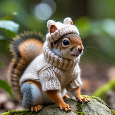 Squirrel wearing knitted hat and sweater