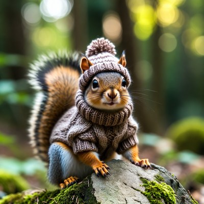 Cute squirrel in sweater and hat