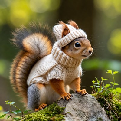 Squirrel wearing knitted sweater and hat