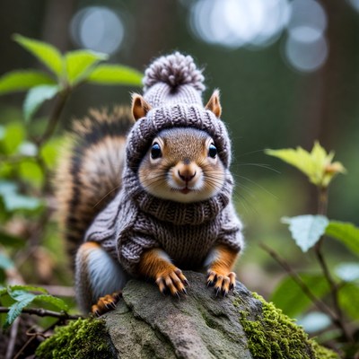 Cute squirrel wearing knitted sweater hat