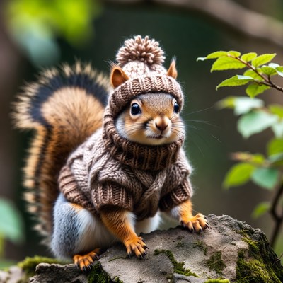 Squirrel Wearing Knitted Sweater and Hat