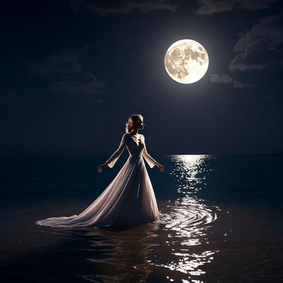 Woman in white dress wading moonlit ocean