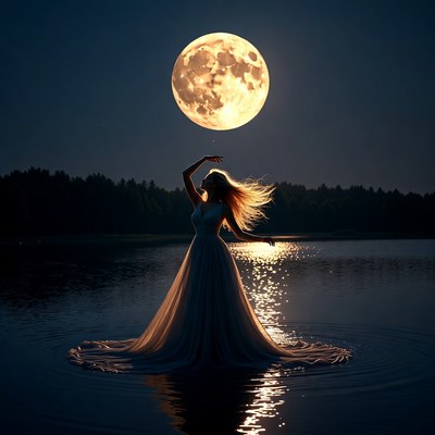Woman Dancing in Lake Under Full Moon