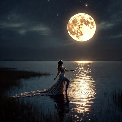 Woman in white dress by moonlit water
