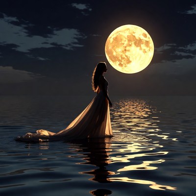 Woman in gown standing by moonlit water