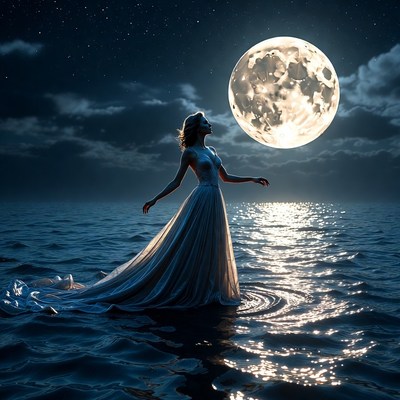 Woman in gown reaching for moon over water
