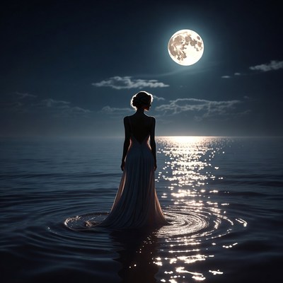 Woman in white dress standing in moonlit water