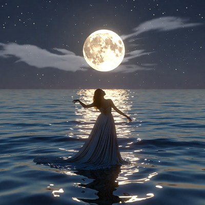 Woman in white dress at moonlit ocean