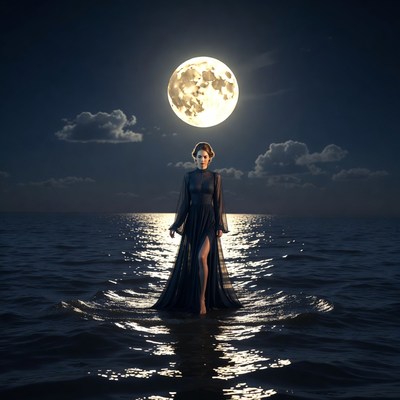 Woman standing in water under full moon