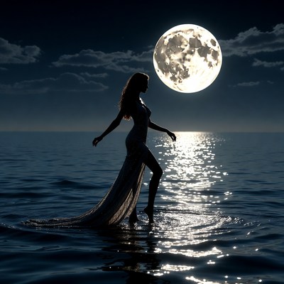 Silhouette woman walking in moonlit water