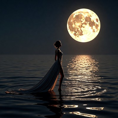 Silhouette woman in gown by moonlit sea