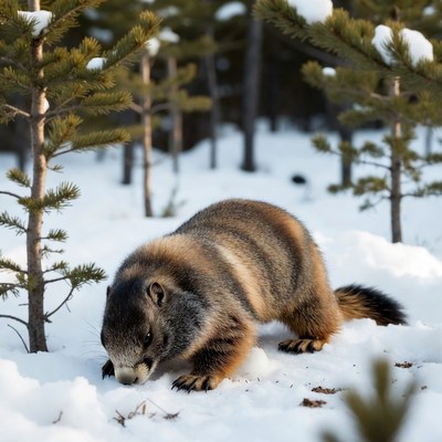 Wolverine foraging in snowy forest