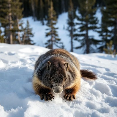 Marmot on snowy mountain slope