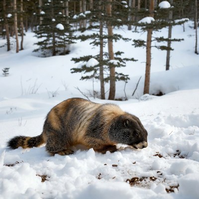 Fisher weasel foraging in snowy forest