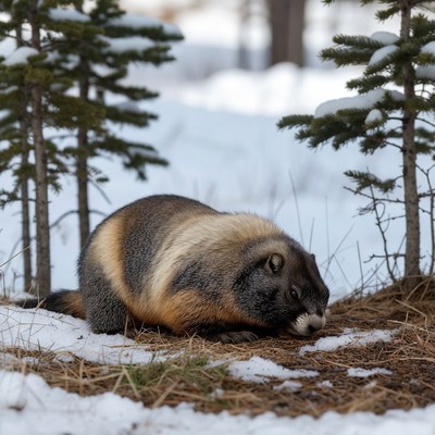 Wolverine foraging in snowy forest