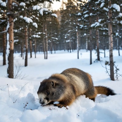 Fisher digging in snowy forest