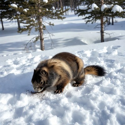 Fisher digging in snowy forest