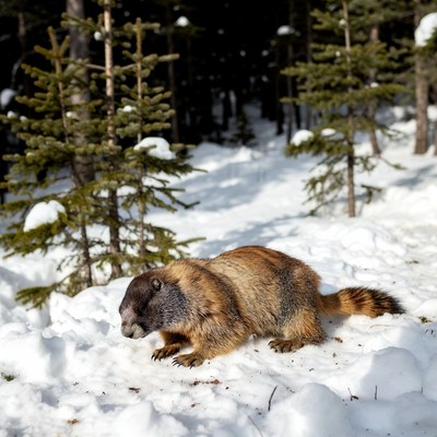 Wolverine walking in snowy forest