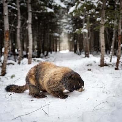 Wolverine walking in snowy forest