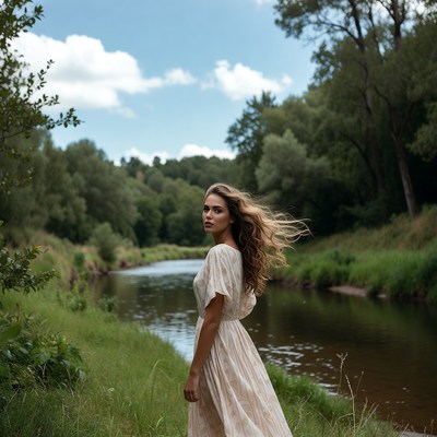 Blonde woman in white dress by river