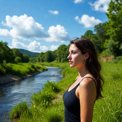 Woman in black tank top by river