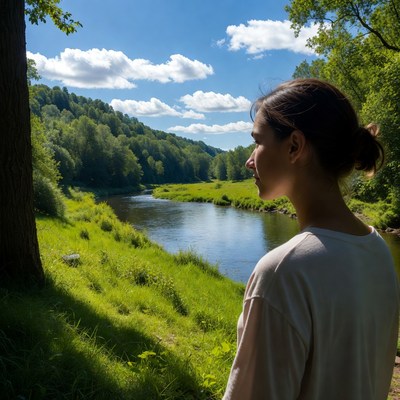 Woman gazing at river valley landscape