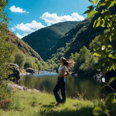 Woman standing by river in mountains
