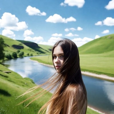 Woman with flowing hair by green river valley