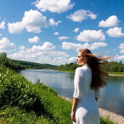 Woman in white dress by river