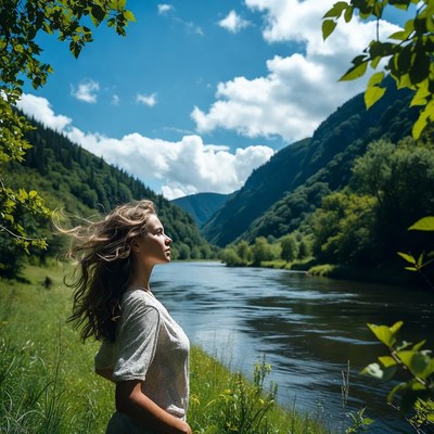 Woman gazing at mountain river valley