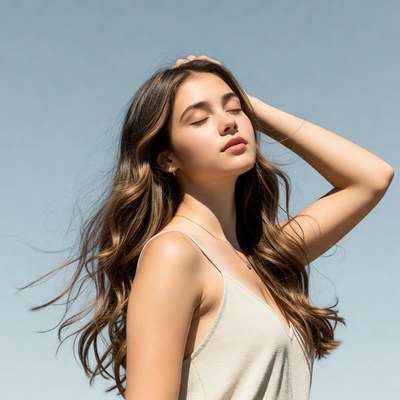 Young woman hand on head outdoors