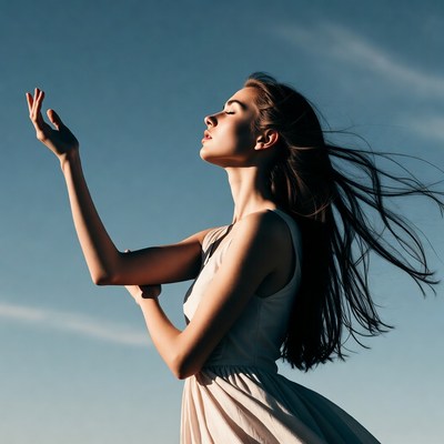 Woman raising arms to blue sky