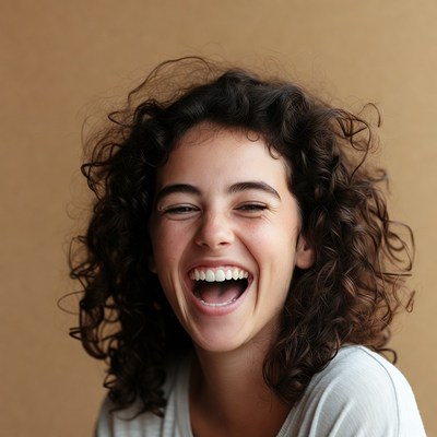 Young woman laughing with curly hair