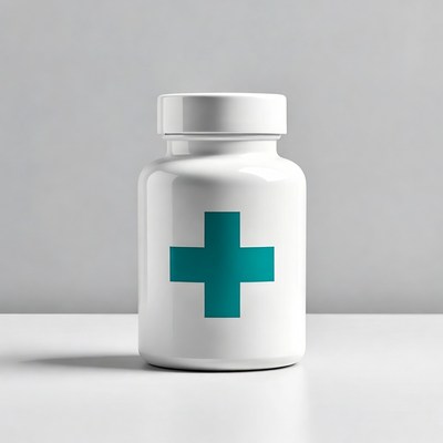 White medicine bottle with teal cross
