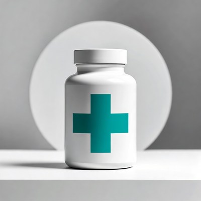 White medicine bottle with teal cross