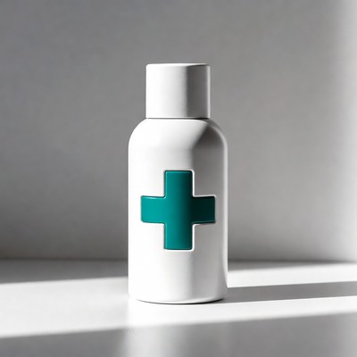 White medicine bottle with teal cross