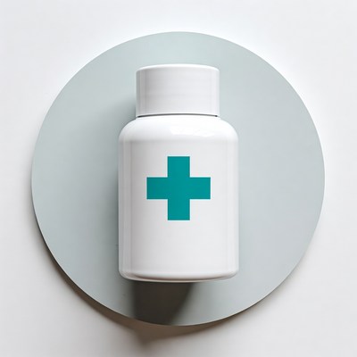 White medicine bottle with teal cross