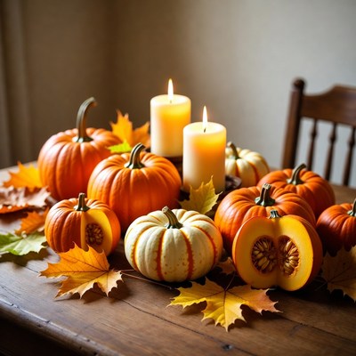 Pumpkins and Candles on Wooden Table