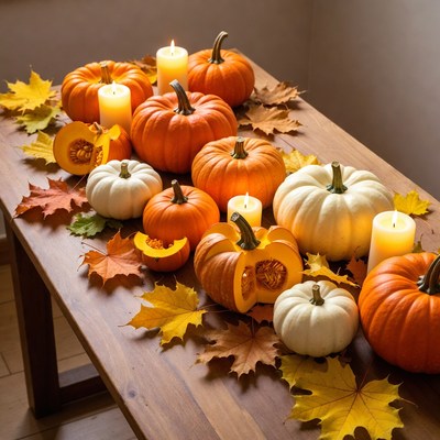 Pumpkins and Candles on Autumn Table