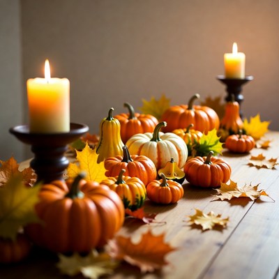 Pumpkins and Candles on Autumn Table