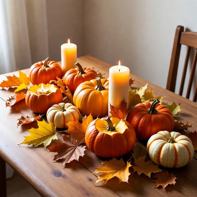 Pumpkins and Candles on Wooden Table