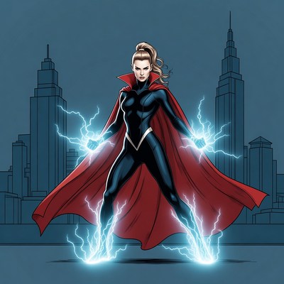 Woman superhero wielding lightning bolts