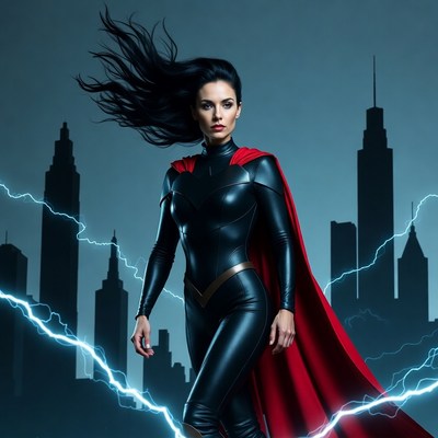 Female superhero in red cape with lightning