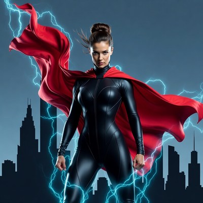 Woman in red cape and black superhero suit