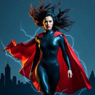 Superhero woman with red cape and lightning